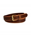 Stylish belt in supple, orange-tipped brown leather - Gold-tone, single prong rectangular buckle - Classic, medium-width style - Elegant and on-trend, adds polish to any number of looks - Pair with jeans, chinos or dressier shorts