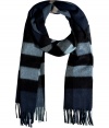 Give your look that cool modern edge with Burberry Londons dark blue checked scarf, detailed in brushed cashmere for luxuriously cozy results - Fringing at both ends - Wear inside over bright knit sweaters, or outdoors over sleek leather jackets