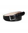 Easy elegance is a cinch with Paul Smiths black leather belt - Smooth leather, silver-toned buckle - Versatile medium width ideal for any number of occasions - Pair with chinos, dress trousers or dark denim