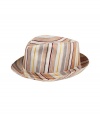 Elegant hat in fine, patterned silk and linen blend - A chic spin on the classic Trilby style - Vibrant coral and cream stripe motif - Moderately large brim ideal for keeping the sun at bay - An eye-catching, go-to warm weather accessory - Pair with everything from a t-shirt and chinos to a button down and Bermudas