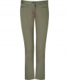 Elegant trousers in fine, pale khaki green stretch blend - Modern, slim silhouette bells gently at ankles, flattering the leg - Lower rise, with button closure and zip fly - Medium-width waistband and front welt pockets have a subtle sheen - casually elegant and ultra-versatile, seamlessly transitions form work to weekend - Dress up with a silk blouse and platform pumps or go for a more casual look with a t-shirt and leather sandals