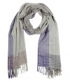 Stylish scarf in fine, pure pale grey cotton - Elegant stripe motif in rich shades of charcoal, purple and maroon - Supremely soft, tissue-weight fabric - Fringe detail at hem - Generously proportioned, drapes beautifully - A polished compliment to any number of streamlined styles - Pair with a t-shirt and blazer, a pullover and chinos or jeans and a henley