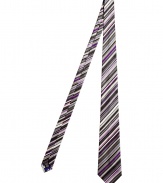 Stylish tie in fine, pure black and violet silk - Elegant, multicolor stripe motif - Soft, satin-y material has a subtle sheen - Medium-width cut is classically cool and polished to perfection - Ideal for work and evenings out - Pair with a crisp, white button down and a dark suit - Also makes a superb gift