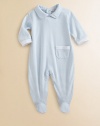 This precious one-piece is crafted in plush pima cotton and adorned with ruffles and stripes for sweet baby style.Peter Pan collarLong sleeves with ruffle cuffsPatch pocketBack snapsBottom snapsPima cottonMachine washImported Please note: Number of snaps may vary depending on size ordered. 