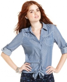 Confess infuses playful spirit into the trend-hot chambray top, equipping this style with polka-dots and a cute, tie-it-up hem. Confess infuses playful spirit into the trend-hot chambray top, equipping this style with polka-dots and a cute, tie-it-up hem.