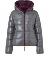 A sleek outer shell and vibrant contrast lining lend this Duvetica down jacket its sporty and stylish edge - In a lighter weight, wind- and water-resistant grey polyamide with brown trim - Slim cut tapers through waist and fits close to the body for extra warmth - Full zip, hood and oversize diagonal zippered pockets at front - Perfect for cold weather casual looks - Pair with denim, leggings and cords