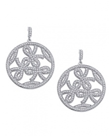 Platinum vermeil and cubic zirconia are all wrapped up in pretty bows on these feminine-fabulous circle earrings from Crislu. Platinum vermeil and cubic zirconia are all wrapped up in pretty bows on these feminine-fabulous circle earrings from Crislu.