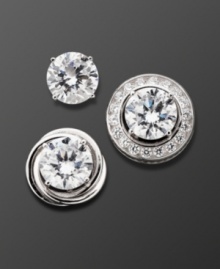 You're a woman of many moods, embrace it with this interchangeable earring set by CRISLU. Wear a pair of stunning round-cut cubic zirconia studs (3 ct. t.w.) solo, or pair them with a decorative jacket. One jacket features a simple round-cut swirling silver setting, the other features a round halo setting adorned with round-cut cubic zirconia accents (1-1/2 ct. t.w.). Set crafted in platinum over sterling silver. You're a woman of many moods, embrace it with this interchangeable earring set by CRISLU. Wear a pair of stunning round-cut cubic zirconia studs (3 ct. t.w.) solo, or pair them with a decorative jacket. One jacket features a simple round-cut swirling silver setting, the other features a round halo setting adorned with round-cut cubic zirconia accents (1-1/2 ct. t.w.). Set crafted in platinum over sterling silver.