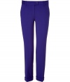 Elegant pants in fine, violet rayon and nylon blend - Modern cut is fitted and ultra-flattering - On-trend, cropped style with cuffed ankle - Tab waist with button closure and belt loops - Side and single back pockets - Crease detail creates a longer and leaner silhouette - A truly versatile pant that is both sexy and sophisticated - Great for the office, parties and leisure - Style with a sequined top and blazer for a night out, or pair with a button down, cardigan and ballet flats for a more casual look