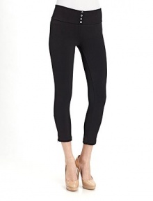 Rugged yet sleek, this stretchy style features a wide faux button waistband and ankle zippers.Pull-on style Wide waistband with decorative buttons Zip closure at ankles About 22 from shoulder to hem 85% polyester/15% spandex Machine wash Imported Rugged yet sleek, this stretchy style features a wide faux button waistband and ankle zippers.Pull-on style Wide waistband with decorative buttons Zip closure at ankles About 22 from shoulder to hem 85% polyester/15% spandex Machine wash Imported