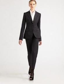 A classic pinstriped design is updated in a cropped silhouette with pleats.Self waistband with belt loopsZip fly with button closureFront slash pocketsBack buttoned welt pocketsInseam, about 2962% virgin wool/18% cotton/16% polyester/4% elastaneDry cleanMade in Italy of imported fabric Model shown is 5'10 wearing US size 4. A classic pinstriped design is updated in a cropped silhouette with pleats.Self waistband with belt loopsZip fly with button closureFront slash pocketsBack buttoned welt pocketsInseam, about 2962% virgin wool/18% cotton/16% polyester/4% elastaneDry cleanMade in Italy of imported fabric Model shown is 5'10 wearing US size 4.