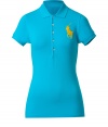 Detailed in breathable cotton stretch mesh, Ralph Laurens big pony polo is a cool modern take on this iconic style - Small collar, button placket, short sleeves, oversized shiny yellow embroidered polo player at chest, slit sides, high-low hemline - Slim fit - Wear with your favorite jeans and just as bright loafers