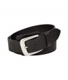 Cinch your look in style with this black leather belt from cult favorite designer Maison Martin Margiela - Textured leather with silver-toned buckle - Pair with jeans, corduroys, dress trousers, or chinos