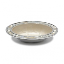 Hand made in sand-cast aluminum decorated with hand cut inlaid Mother of Pearl tiles and framed with a Mother of Pearl mosaic border - this oval bowl is a perfect sauce or Hors d'Oeuvres Tray. Pair with the Classic Spreader Knives for the perfect entertaining set. Food safe. Hand made in sand-cast aluminum decorated with hand cut inlaid Mother of Pearl tiles and framed with a Mother of Pearl mosaic border - this oval bowl is a perfect sauce or Hors d'Oeuvres Tray. Pair with the Classic Spreader Knives for the perfect entertaining set. Food safe.