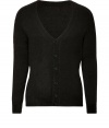 Old-school cool gets a decidedly modern finish in Neil Barretts super soft black V-neck cardigan - V-neckline, long sleeves, fine ribbed trim, button-down front - Shorter slim fit - Pair with tailored trousers and chic lace-ups for work