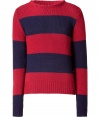 Luxurious pullover in fine wool - Casual red and blue stripes - Slim cut, with a small crew neck and long sleeves - Rib-knit cuffs - A modern classic, wonderfully comfortable, trendy and classy - Combine with a pair of jeans, corduroys, chinos
