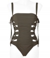Take your swim look to the next level with this ultra-sexy cut out swimsuit from La Perla by Jean Paul Gaultier - Wide set straps, full piece with bandeau-style top, front ruche details and side cut-outs, lacing details, open back, multi-clasp back closure - Style with a sheer caftan, wedge sandals, and a sunhat