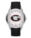 Show your Bulldogs loyalty every second of the day with this signature team watch from Fossil. Black polyurethane strap and round stainless steel case. Bezel etched with numerals and stick indices. White dial features large University of Georgia logo, printed minute track and stick indices at outer ring, date window at three o'clock and luminous hands. Quartz movement. Water resistant to 100 meters. Eleven-year limited warranty.