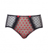 Get the sultry glamorous look of a vintage 1950s pin up girl in Von Follies by Dita Von Teeses black mesh high-waisted briefs, detailed with ruffled trim and fun red embroidered dots - perfect for giving as a saucy holiday gift! - Embroidered red dots on front, sheer black and nude mesh front panel with sheer black ruffled mesh trim, dotted mesh sides and back, scalloped lace trim, ruched back detail - High-waisted, extra full coverage - Wear with the matching balconette bra for a seriously seductive look