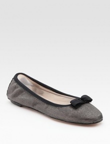 Metallic grosgrain staple with a sweet bow adornment and intricate stitching. Metallic grosgrain upper Suede lining Leather sole Padded insole Made in ItalyOUR FIT MODEL RECOMMENDS ordering true size. Metallic grosgrain staple with a sweet bow adornment and intricate stitching. Metallic grosgrain upper Suede lining Leather sole Padded insole Made in ItalyOUR FIT MODEL RECOMMENDS ordering true size.