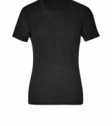 Stylish t-shirt in fine, pure black linen - Supremely soft, summer weight material has a well-worn, vintage look - Round neck, short sleeves and decorative seams - Slimmer cut tapers gently through waist - Casually cool, easily dressed up or down - Wear solo or layer beneath a blazer and pair with jeans, chinos, shorts or linen trousers