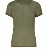 Stylish t-shirt in fine, pure olive green cotton - Supremely soft, lightweight material has a well-worn, vintage look - Round neck and short sleeves - Slim, straight cut - An indispensable basic in any wardrobe, easily dressed up or down - Wear solo or layer beneath a blazer or cardigan and pair with jeans, chinos, shorts or linen trousers