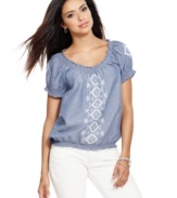 Chic chambray and crafted embroidery create a fashionable yet relaxed look on Style&co.'s petite peasant top. Wear it with white capris and your favorite sandals!