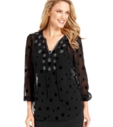 Be understated yet elegant in Charter Club's beaded petite tunic, featuring sheer fabric with a velvet polka-dot print.