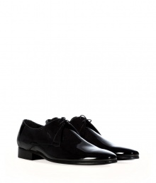 The derby goes sleek with this glossy black version of the classic dress shoe from Burberry London- Rounded toe, lace up front, glossy calf leather, chunky low heel - Style with sleek trousers, dark denim, or modern corduroys The derby goes sleek with this glossy black version of the classic dress shoe from Burberry London- Rounded toe, lace up front, glossy calf leather, chunky low heel - Style with sleek trousers, dark denim, or modern corduroys