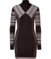 Luxurious knit dress in fine merino wool - Tremendously stylish and flattering - Elegantly patterned in black and brown - The cut is simple, feminine fitted and mini short - With a small shawl collar and long sleeves - A fashion hit for the office, leisure and evening - Wear with booties, boots or pumps