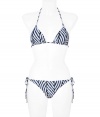 Chic bikini in fine, light blue nylon stretch - Classic triangle style in elegant, oversize herringbone print - Tie fastenings at halter neck, back and hips - Modest coverage at rear, briefs sit comfortably at hips - Sophisticated and sexy, fits true to size - A must for your next beach getaway