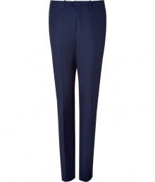 Elegant classic pant in fine, pure navy wool - Modern, slim straight cut - Flattering crease detail elongates the silhouette - Tab waist with belt loops and button closure - Pockets at sides and single welt pocket at rear - Comfortable yet polished, an easy, everyday go-to - Pair with button downs, pullovers or a suit jacket Elegant classic pant in fine, pure navy wool - Modern, slim straight cut - Flattering crease detail elongates the silhouette - Tab waist with belt loops and button closure - Pockets at sides and single welt pocket at rear - Comfortable yet polished, an easy, everyday go-to - Pair with button downs, pullovers or a suit jacket