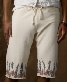 Crafted from soft French terry for laid-back comfort, a cut-off athletic short channels rugged appeal with a rustic feather graphic at the hem. Crafted from soft French terry for laid-back comfort, a cut-off athletic short channels rugged appeal with a rustic feather graphic at the hem.
