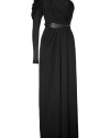 Sophistication and feminine style merge in this ultra-luxe silk gown from celeb-favorite designer Elie Saab - Asymmetric draped and gathered long sleeve, draped bodice, metallic-detailed belt, full maxi-length skirt with back fishtail hem, concealed side zip closure - Softly tailored fit - Pair with sky-high platform pumps and a jewel-encrusted clutch