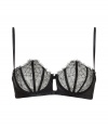 Luxurious underwire bra with fine, thin silk straps - Wonderfully stylish and elegant in alluring black and noble lace, with decorative, vertical stripes across cups - Flattering Balconette shape creates a flattering, conforming fit and a dream neckline that is stylish, sexy and seductive