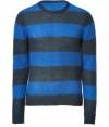Collegiate stripes get a kick of downtown cool in Marc by Marc Jacobs blue mohair blend pullover - Rounded neckline, long sleeves, ribbed trim, fitted - Pair with jeans, chinos or cords
