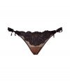 Turn up the heat in this ultra-luxe leather and lace brief from La Perla by Jean Paul Gaultier - Lace overlay, front floral design, leather trim, side tie detail - Perfect under virtually every outfit or paired with a bra for stylish lounging