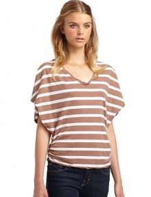 THE LOOKAllover stripe printDolman sleevesCinched sidesTHE FITAbout 24 from shoulder to hemTHE MATERIAL60% organic cotton/40% recycled polyesterCARE & ORIGINMachine washImportedModel shown is 5'10 (177cm) wearing US size Small. THE LOOKAllover stripe printDolman sleevesCinched sidesTHE FITAbout 24 from shoulder to hemTHE MATERIAL60% organic cotton/40% recycled polyesterCARE & ORIGINMachine washImportedModel shown is 5'10 (177cm) wearing US size Small.