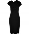 Luxe dress in fine, black viscose stretch blend - Soft, superb quality fabric drapes beautifully - A modern classic from Narciso Rodriguez - Flattering, figure-hugging silhouette - Pencil-style skirt hits just above the knee - Fitted bodice with short sleeves and elegant, asymmetric ruching detail - Zips at side - Stylishly discreet, ideal for parties, cocktails and evenings out - Pair with strappy sandals or platform pumps and a colorful clutch