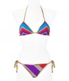 Stylish bikini in fine, multicolor nylon stretch blend - Vibrant and retro-chic in purple, blue and red with gold piping - Triangle top with adjustable cups ties at back and nape of the neck - Bikini brief ties at hips and offers full coverage at rear - Sleek and sexy, perfect for the pool or your next beach getaway - Wear solo or pair with a caftan and wedge sandals
