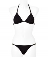 Stylish bikini in fine, synthetic fiber blend - Elegant gold tone hardware compliments classic black - Especially comfortable and flattering, thanks to a generous touch of stretch - Triangular halter top with adjustable cups ties at back and nape of neck - String brief sits at hips, offers modest coverage at rear - Sexy and sophisticated, a must for you next vacation or beach getaway - Wear solo or layer beneath a caftan and wedge sandals