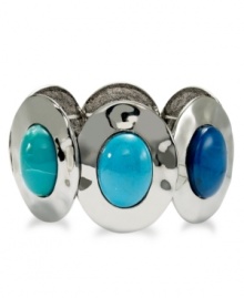 Oval appeal. Style&co. takes the shape and brings it full circle in this stretch bracelet. Crafted from hematite tone mixed metal, it features teal resin accents at the center. Approximate diameter: 2 inches. Oval appeal. Style&co. takes the shape and brings it full circle in this stretch bracelet. Crafted from hematite tone mixed metal, it features teal resin accents at the center. Approximate diameter: 2 inches.