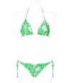 Chic bikini in fine, light green nylon stretch - Classic triangle style in elegant, graphic grape vine print - Tie fastenings at halter neck, back and hips - Modest coverage at rear, briefs sit comfortably at hips - Sophisticated and sexy, fits true to size - A must for your next beach getaway