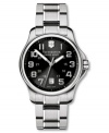 A watch fit for a gentlemen, this Victorinox Swiss Army Officer's watch features a stainless steel bracelet and round case. Black dial with silvertone numerals, logo and date window. Swiss made. Swiss movement. Water resistant to 100 meters. Three-year limited warranty.
