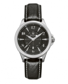 A sleek look inspired by the adventures of early 20th century explorers, from Bulova. Black leather strap and round stainless steel case. Black dial features logo, luminous hands, date window at six o'clock and alternating numerals and stick indices at markers. Quartz movement. Water resistant to 30 meters. Three-year limited warranty.