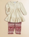 A pretty and festive set pairs a ruffled and lace-trimmed Henley tunic with a printed stretch cotton legging. Tunic Lace-trimmed crewneckLong puffed sleevesButton-frontRuffled hem Leggings Elastic waistbandTapered legCottonMachine washImported Please note: Number of buttons may vary depending on size ordered. 