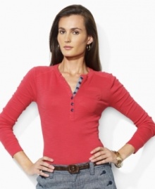 This Lauren Jeans Co. shirt is a modern take on the classic henley, crafted with an extended buttoned placket and rendered in soft slub cotton. This Lauren Jeans Co. shirt is a modern take on the classic henley, crafted with an extended buttoned placket and rendered in soft slub cotton.