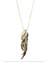 Fashionistas take flight! RACHEL Rachel Roy's stunning feather pendant combines swirls of jet glass and topaz-hued crystal accents. Set in gold-plated mixed metal with a trendy long chain. Approximate length: 30 inches. Approximate drop: 3-1/2 inches.