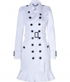 With heritage detailing and a flattering feminine ruffle around the hemline, this bright white trench coat from Burberry London counts as an iconic, multi-season investment - Classic collar with belted latch and hook closure, set-in long sleeves with belted cuffs, epaulettes, gun flap, double-breasted button-down front, belted waist - Fitted silhouette - Pair with slim trousers or jeans and a silk blouse
