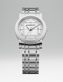Solid stainless steel watch has a modern interpretation of the iconic check on the metal bracelet band and silver dial. Quartz movementWater resistant up to 5 ATMRound stainless steel case, 28mm (1.1)Date displaySecond handMade in Switzerland Solid stainless steel watch has a modern interpretation of the iconic check on the metal bracelet band and silver dial. Quartz movementWater resistant up to 5 ATMRound stainless steel case, 28mm (1.1)Date displaySecond handMade in Switzerland